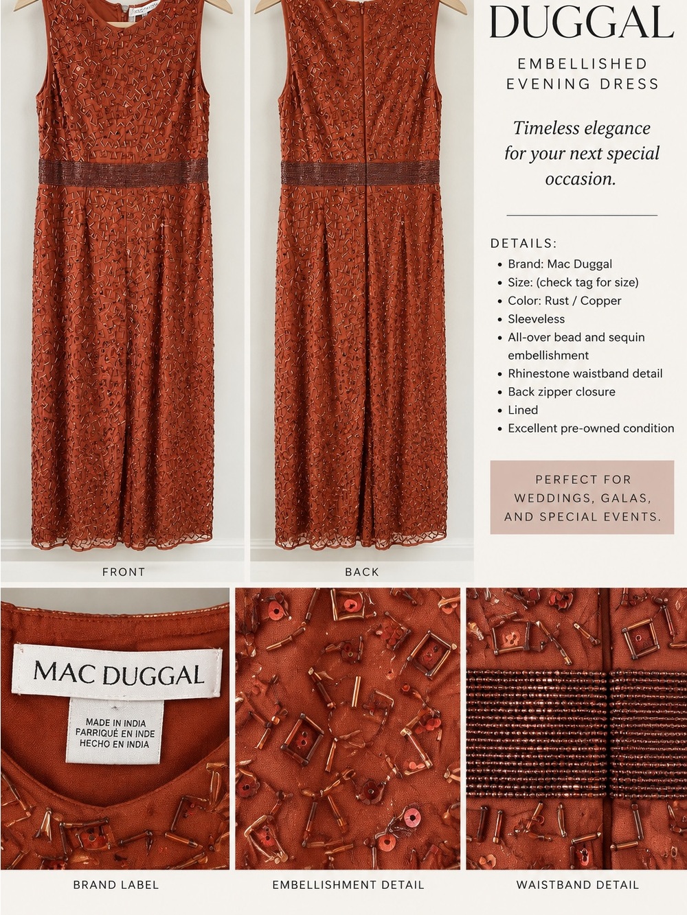 Mac Duggal Rust Embellished Sleeveless Midi Dress